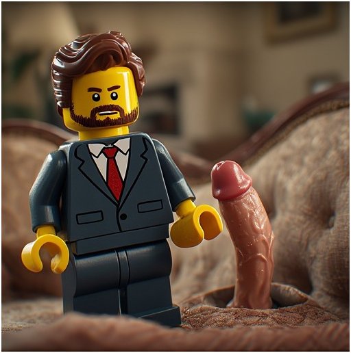 plastic figure stares, annoyed, at the camera, as a rubber dick half his size erupts from a hole in the couch